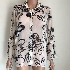 Zara Cream/Black Floral Chiffon Blouse Shirt Women’s Size XS Long Sleeves Top